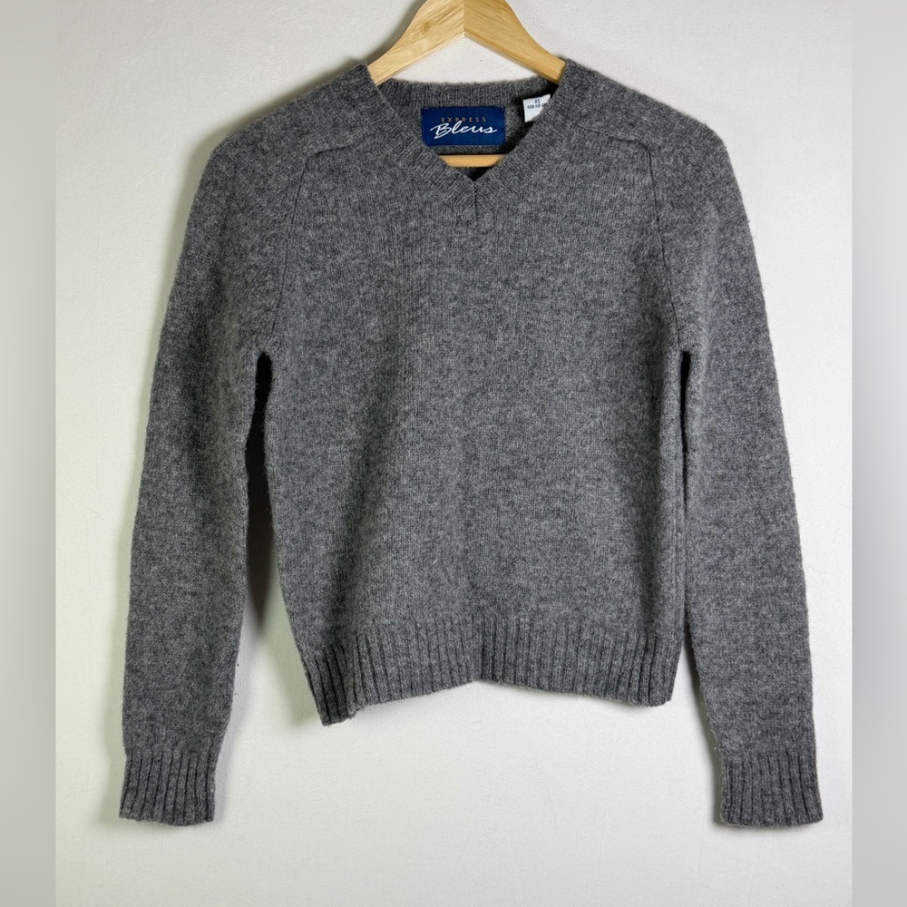 Express Blues Women’s Vintage Y2K 100% Wool V-Neck Cropped Sweater Sz XS Gray